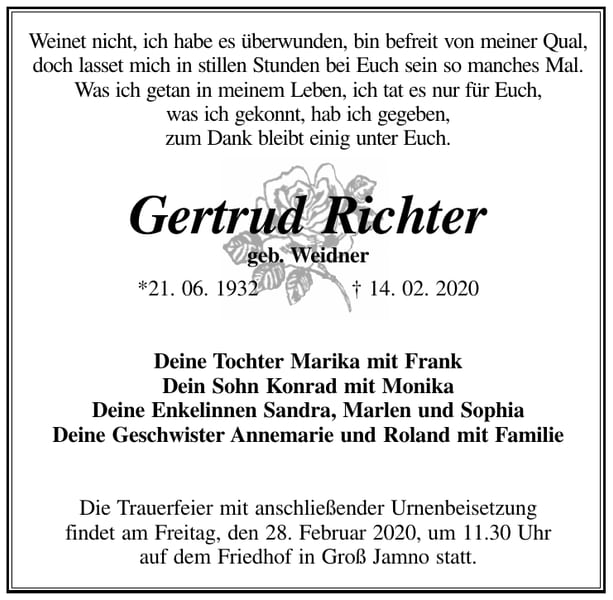 Traueranzeige Gertrud Richter, geb. Weidner