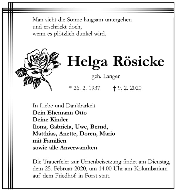Traueranzeige Helga Rösicke, geb. Langer