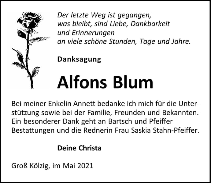 Danksagung Alfons Blum
