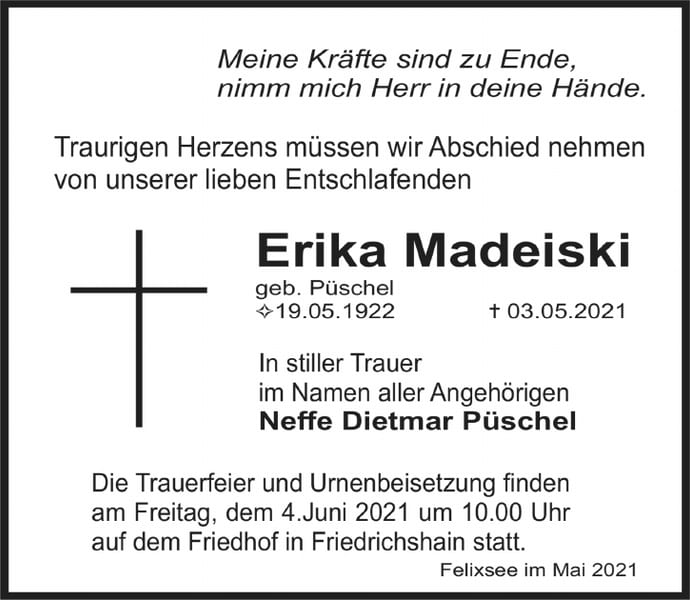 Traueranzeige Erika Madeiski, geb. Püschel