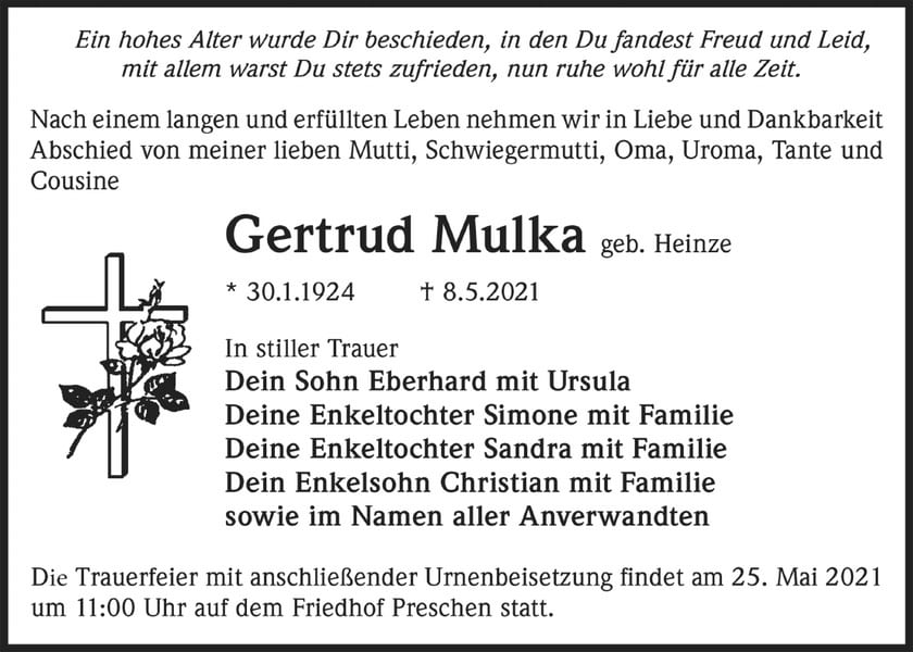 Traueranzeige Gertrud Mulka, geb. Heinze