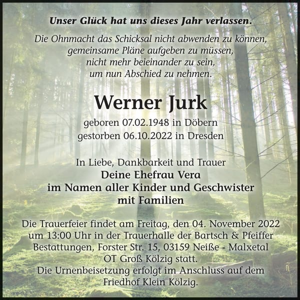 Traueranzeige Werner Jurk