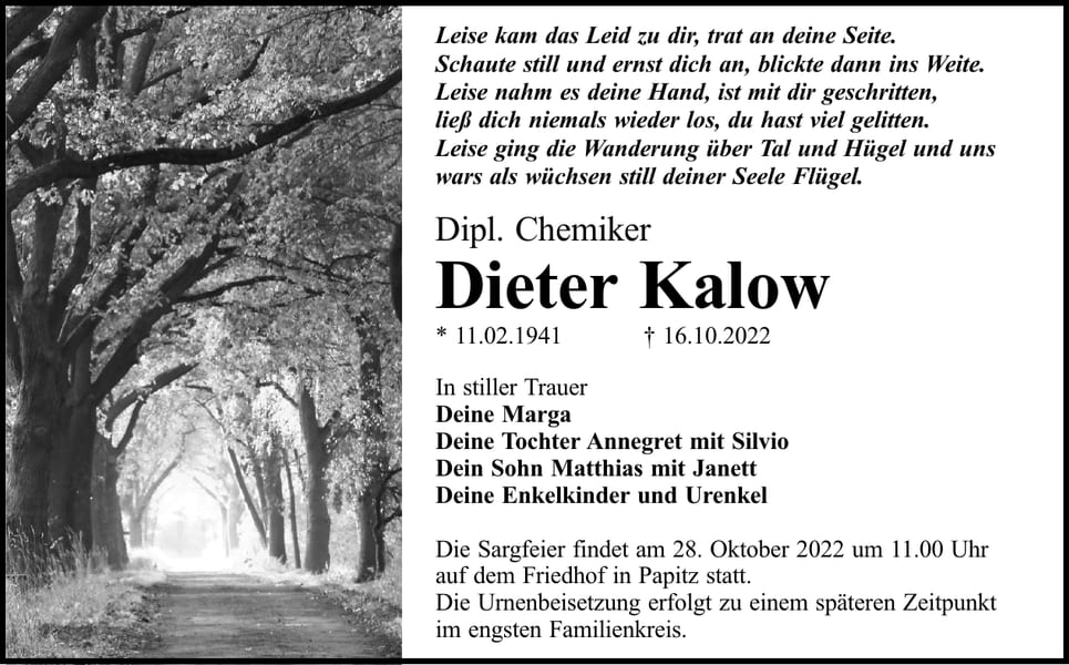 Traueranzeige Dieter Kalow
