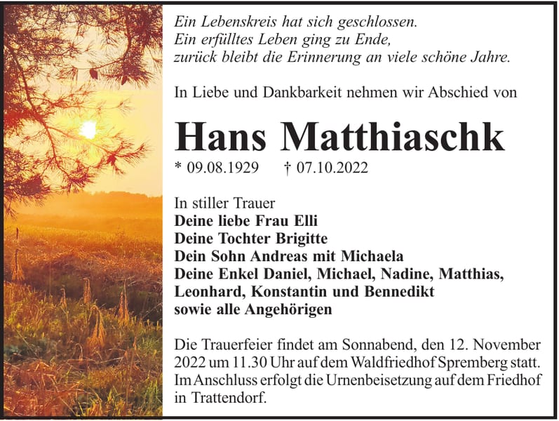 Traueranzeige Hans Matthiaschk