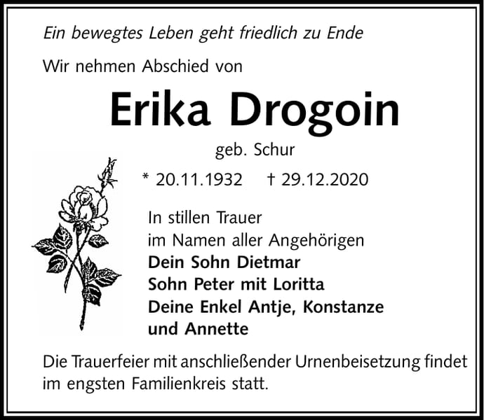 Traueranzeige Erika Drogoin, geb. Schur