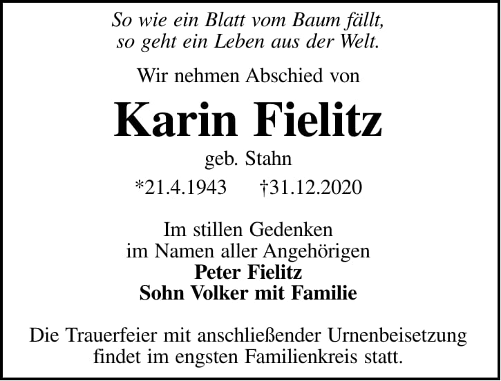 Traueranzeige Karin Fielitz, geb. Stahn
