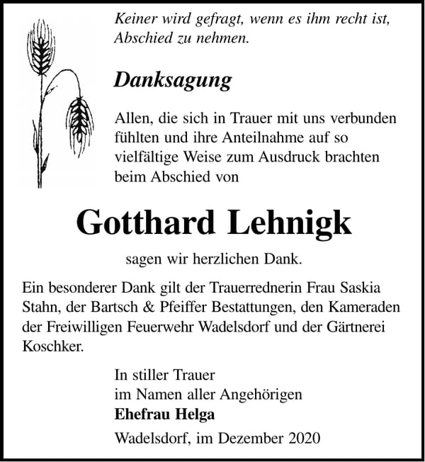 Danksagung Gotthard Lehnigk