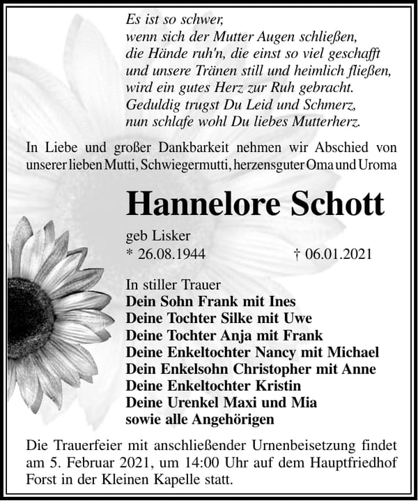 Traueranzeige Hannelore Schott