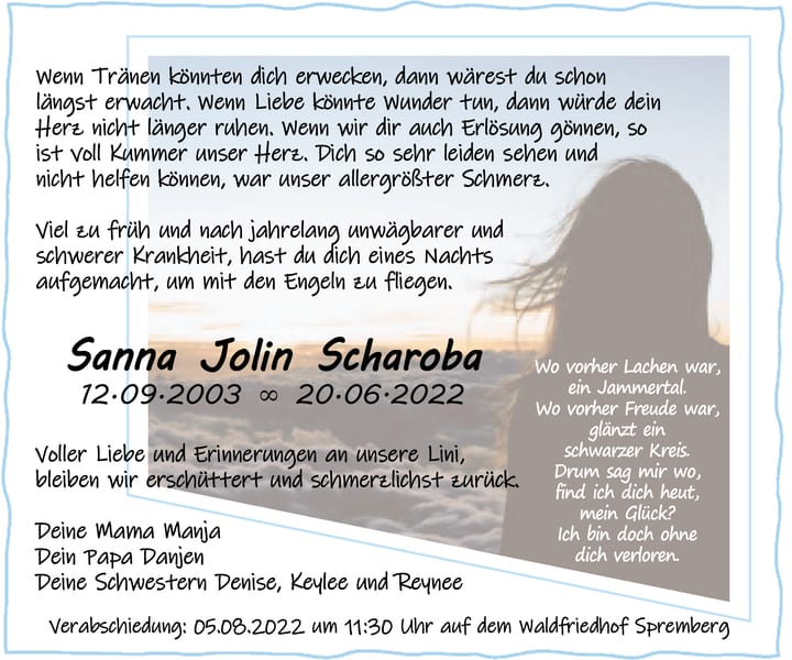 Traueranzeige Sanna Jolin Scharoba
