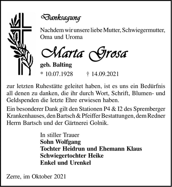 Danksagung Marta Grosa, geb. Balting