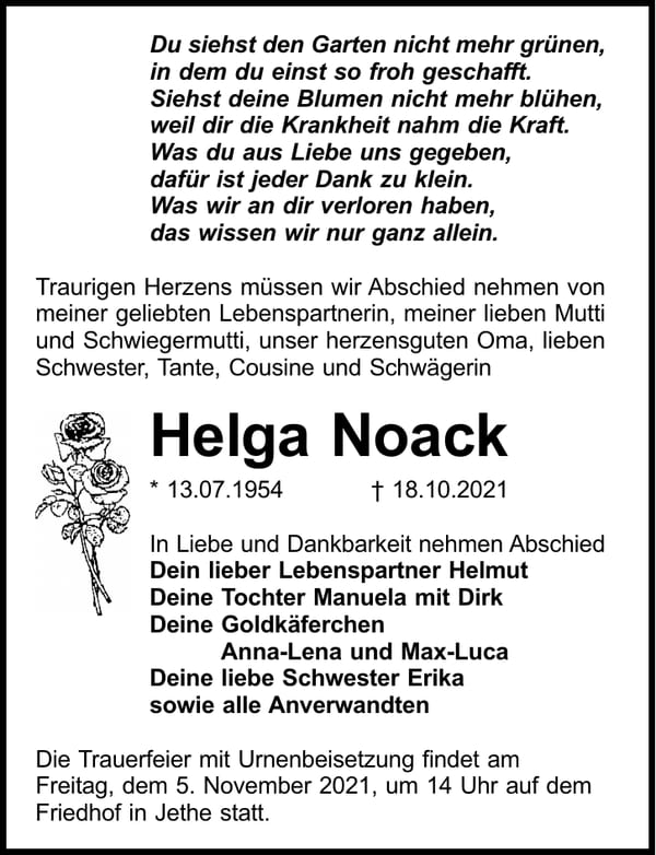 Traueranzeige Helga Noack