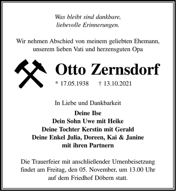 Traueranzeige Otto Zernsdorf