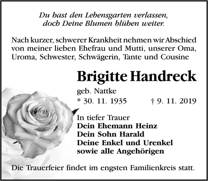 Traueranzeige Brigitte Handreck, geb. Nattke