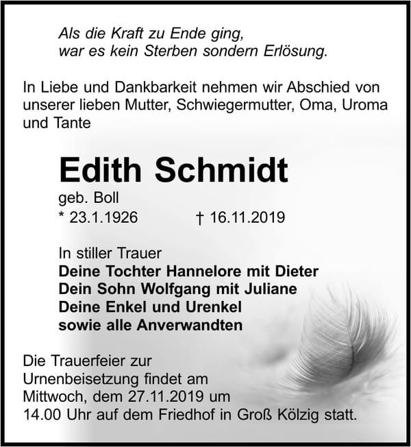 Traueranzeige Edith Schmidt, geb. Boll