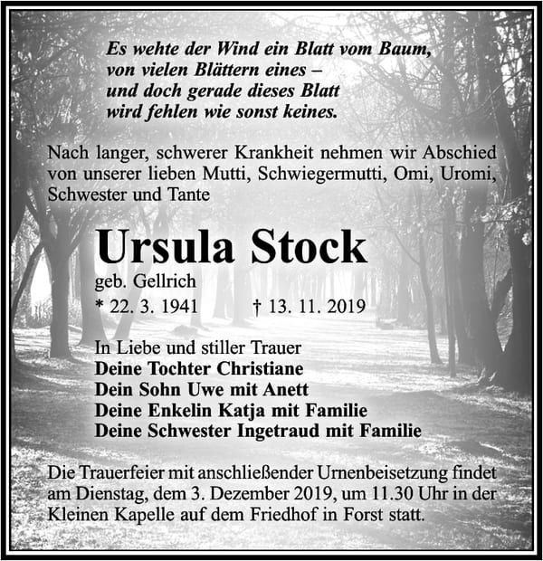 Traueranzeige Ursula Stock, geb. Gellrich