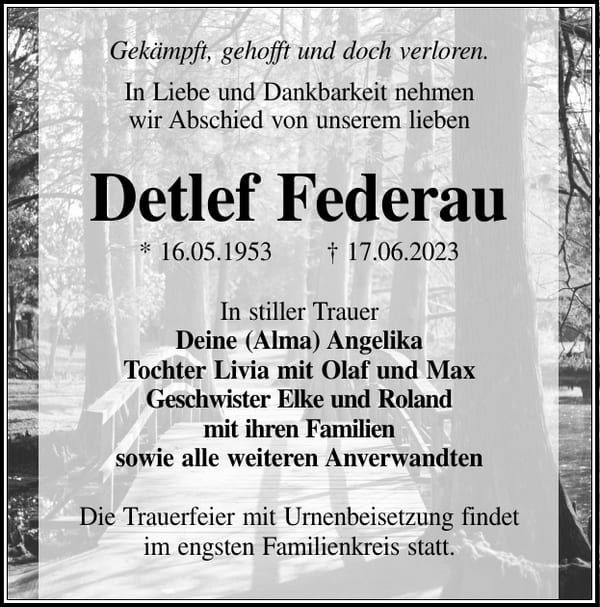 Traueranzeige Detlef Federau