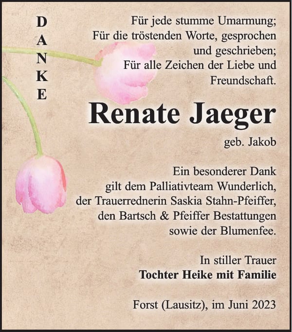 Danksagung Renate Jaeger, geb. Jakob