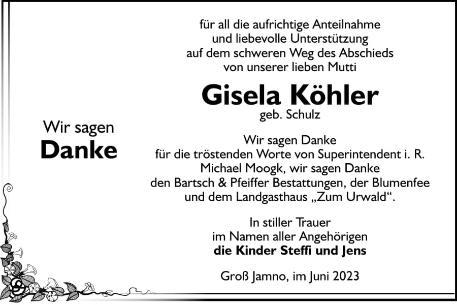 Danksagung Gisela Köhler, geb. Schulz