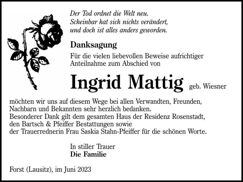 Danksagung Ingrid Mattig, geb. Wiesner