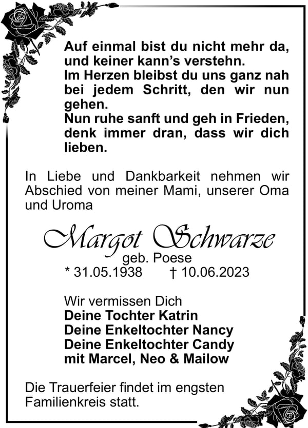 Traueranzeige Margot Schwarze, geb. Poese