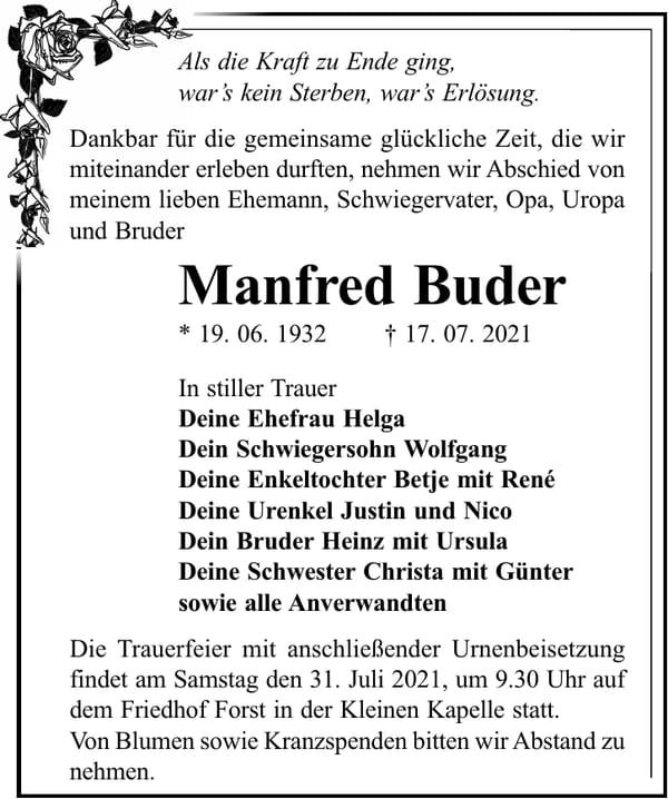 Traueranzeige Manfred Buder