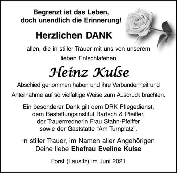 Danksagung Heinz Kulse