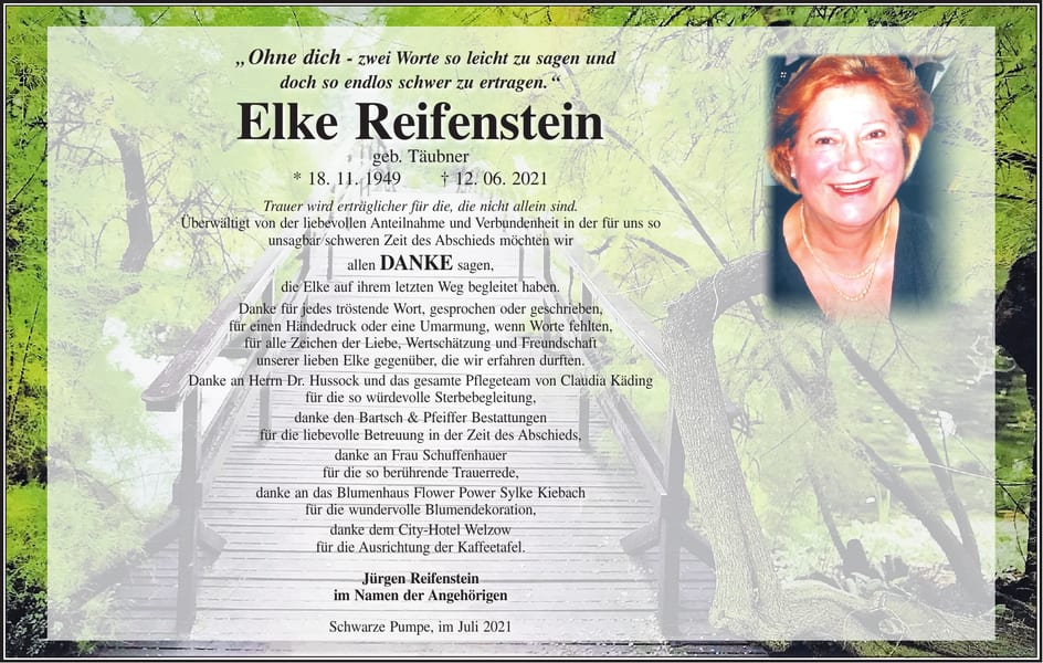 Danksagung Elke Reifenstein, geb. Täubner