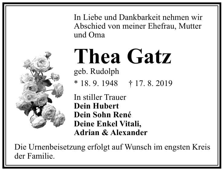 Traueranzeige Thea Gatz, geb. Rudolph
