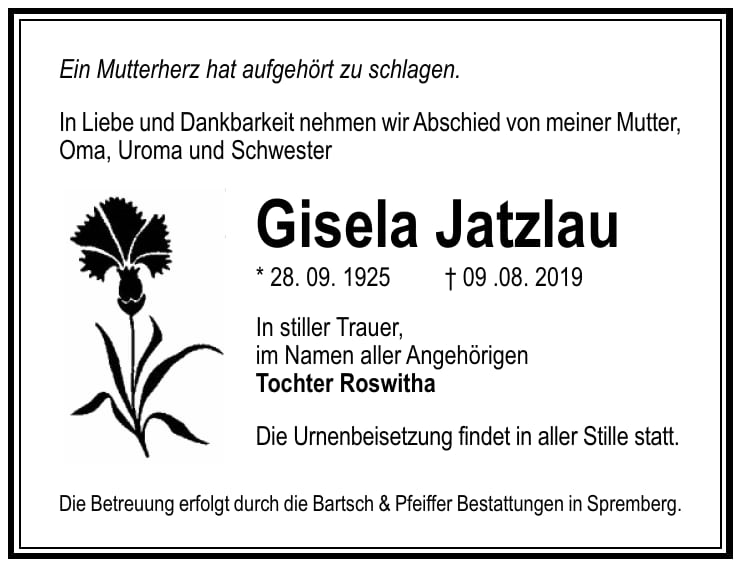 Traueranzeige Gisela Jatzlau