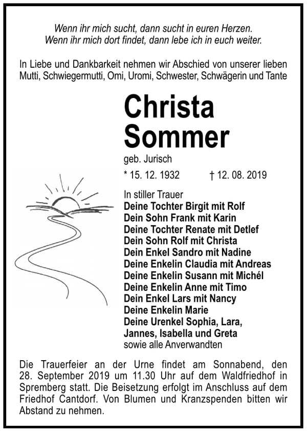 Traueranzeige Christa Sommer, geb. Jurisch