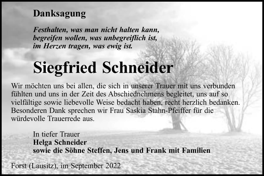 Danksagung Siegfried Schneider
