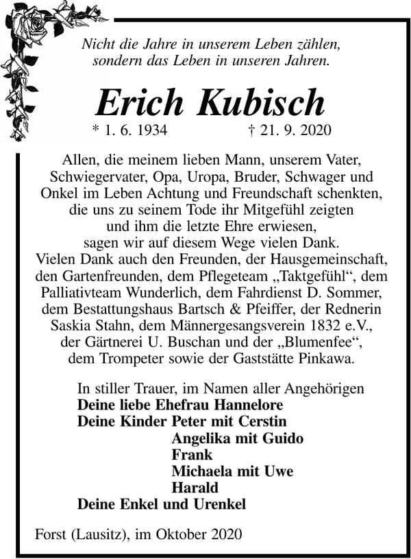 Danksagung Erich Kubisch