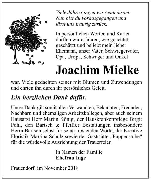 Traueranzeige Joachim Mielke