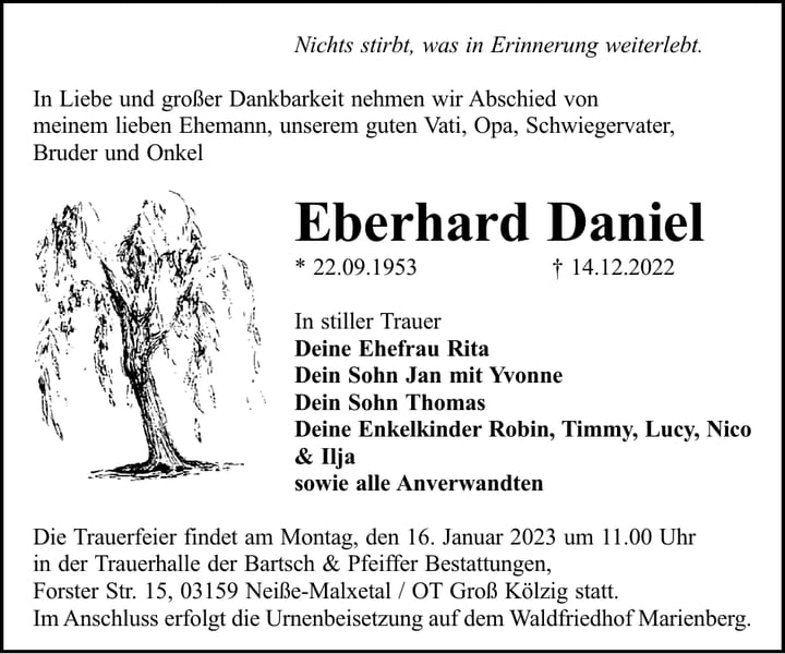 Traueranzeige Eberhard Daniel