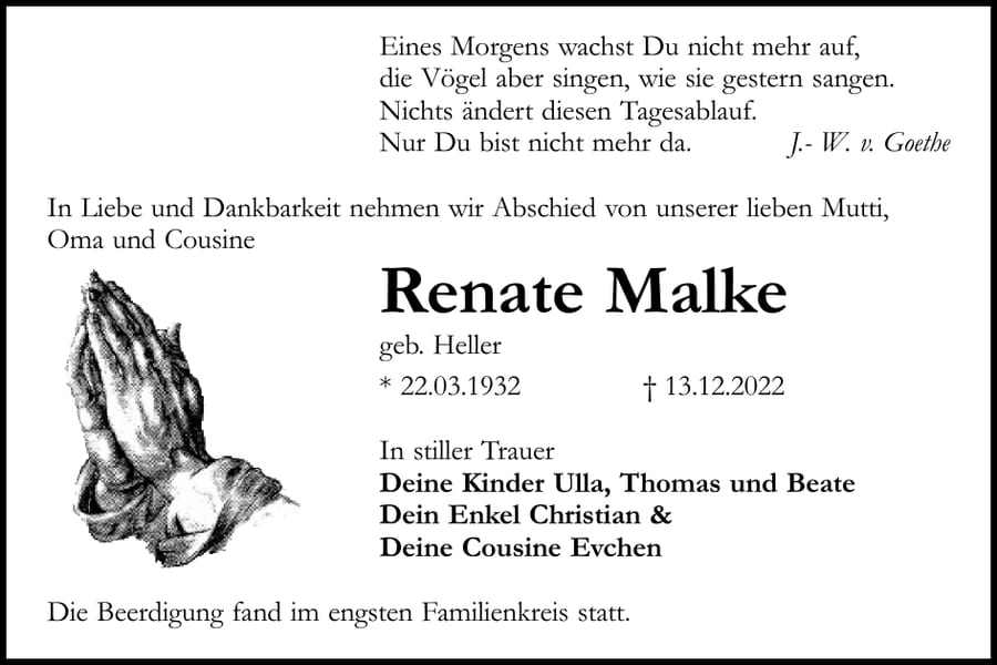 Traueranzeige Renate Malke, geb. Heller