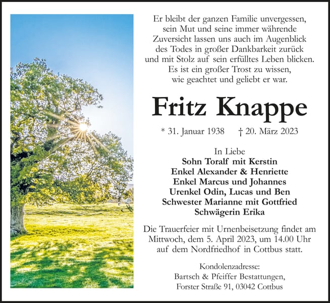 Traueranzeige Fritz Knappe