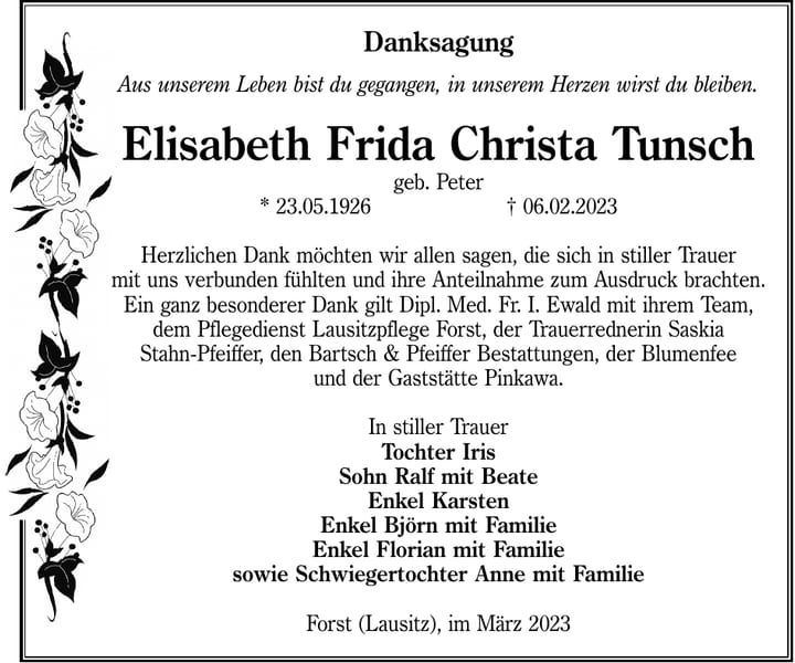 Danksagung Elisabeth Frida Christa Tunsch, geb. Peter