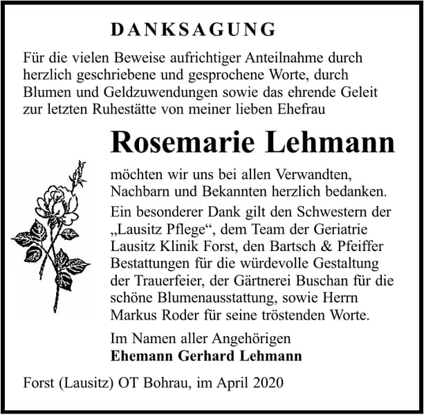 Danksagung Rosemarie Lehmann