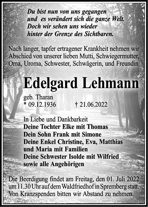 Traueranzeige Edelgard Lehmann, geb. Tharan
