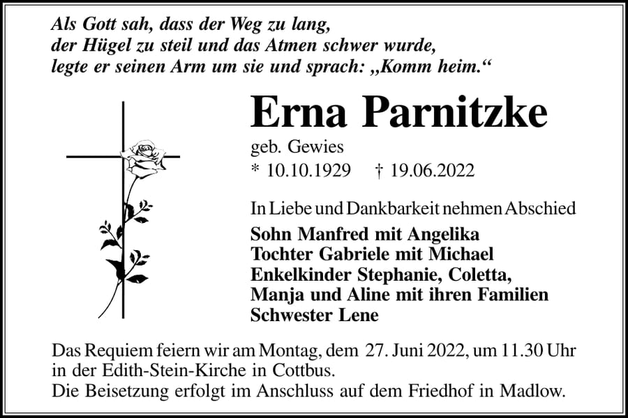 Traueranzeige Erna Parnitzke, geb. Gewies