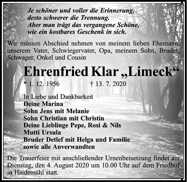 Traueranzeige Ehrenfried Klar „Limeck“