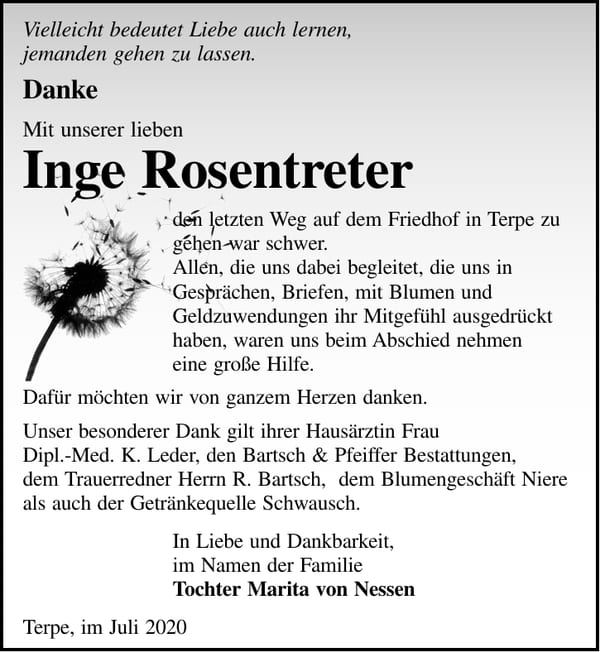 Danksagung Inge Rosentreter
