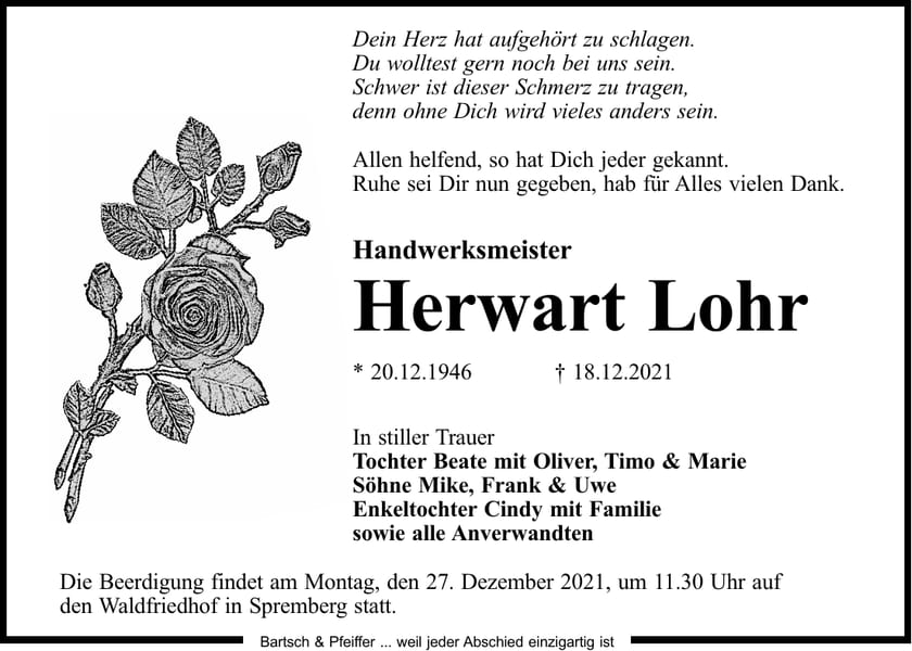 Traueranzeige Herwart Lohr