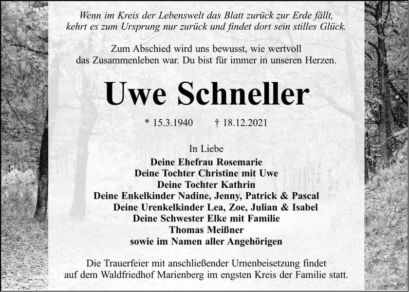 Traueranzeige Uwe Schneller