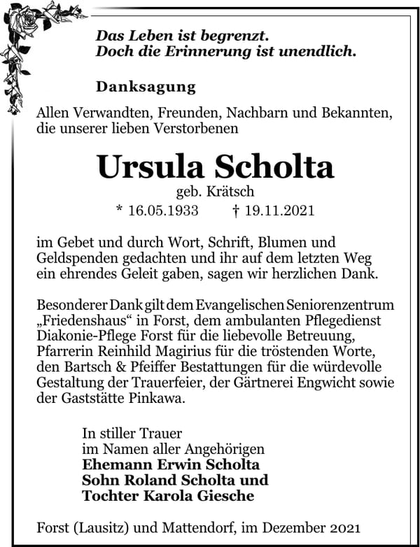 Danksagung Ursula Scholta, geb. Krätsch