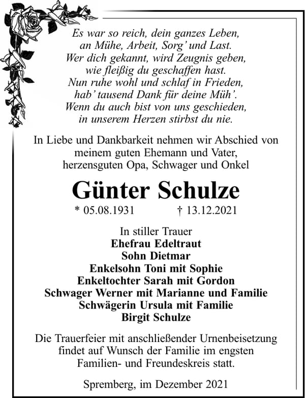 Traueranzeige Günter Schulze