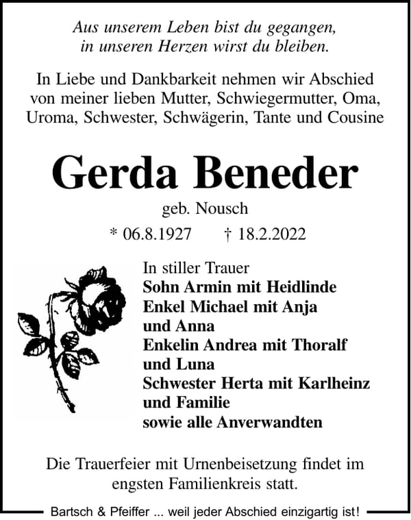 Traueranzeige Gerda Beneder, geb. Nousch