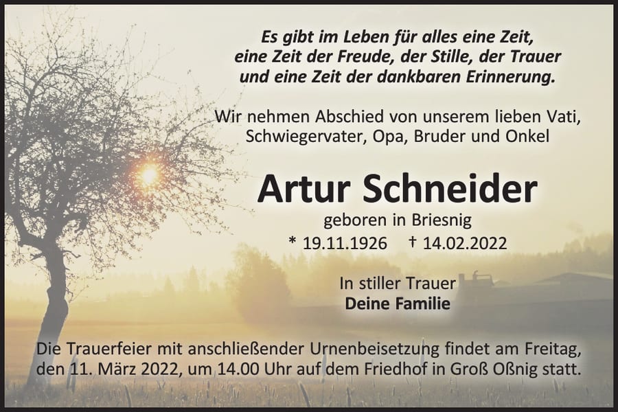 Traueranzeige Artur Schneider