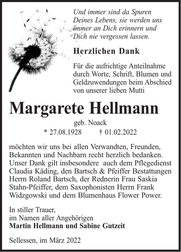 Danksagung Margarete Hellmann, geb. Noack
