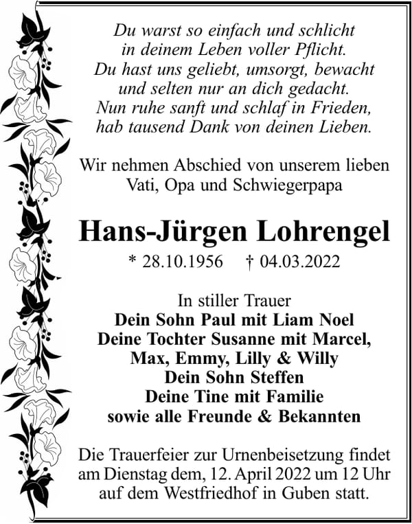 Traueranzeige Hans-Jürgen Lohrengel